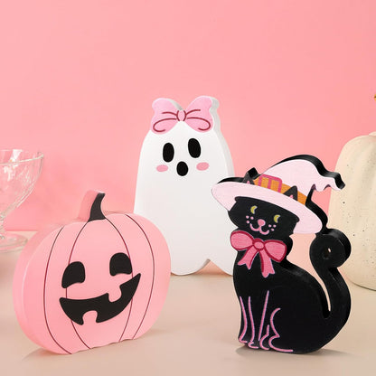 3 Pcs Pink Halloween Ghosts Wood Signs Table Decor,Black Cat
