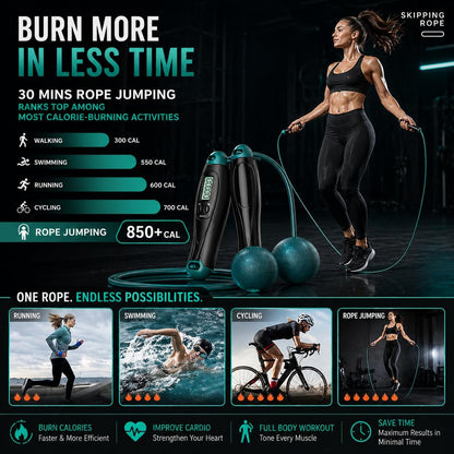Cordless Jump Rope with Counter & LCD Display – 2-in-1 Weighted Ball Skipping Rope & Adjustable Steel Cable – Tangle-Free Speed Jump Rope for Women, Men & Kids – Home Gym Cardio Fitness Equipment