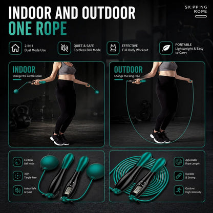 Cordless Jump Rope with Counter & LCD Display – 2-in-1 Weighted Ball Skipping Rope & Adjustable Steel Cable – Tangle-Free Speed Jump Rope for Women, Men & Kids – Home Gym Cardio Fitness Equipment