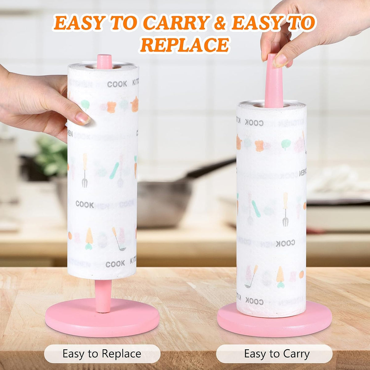 Pink Paper Towel Holder Countertop with 2 Hooks, 11" X 5.1"