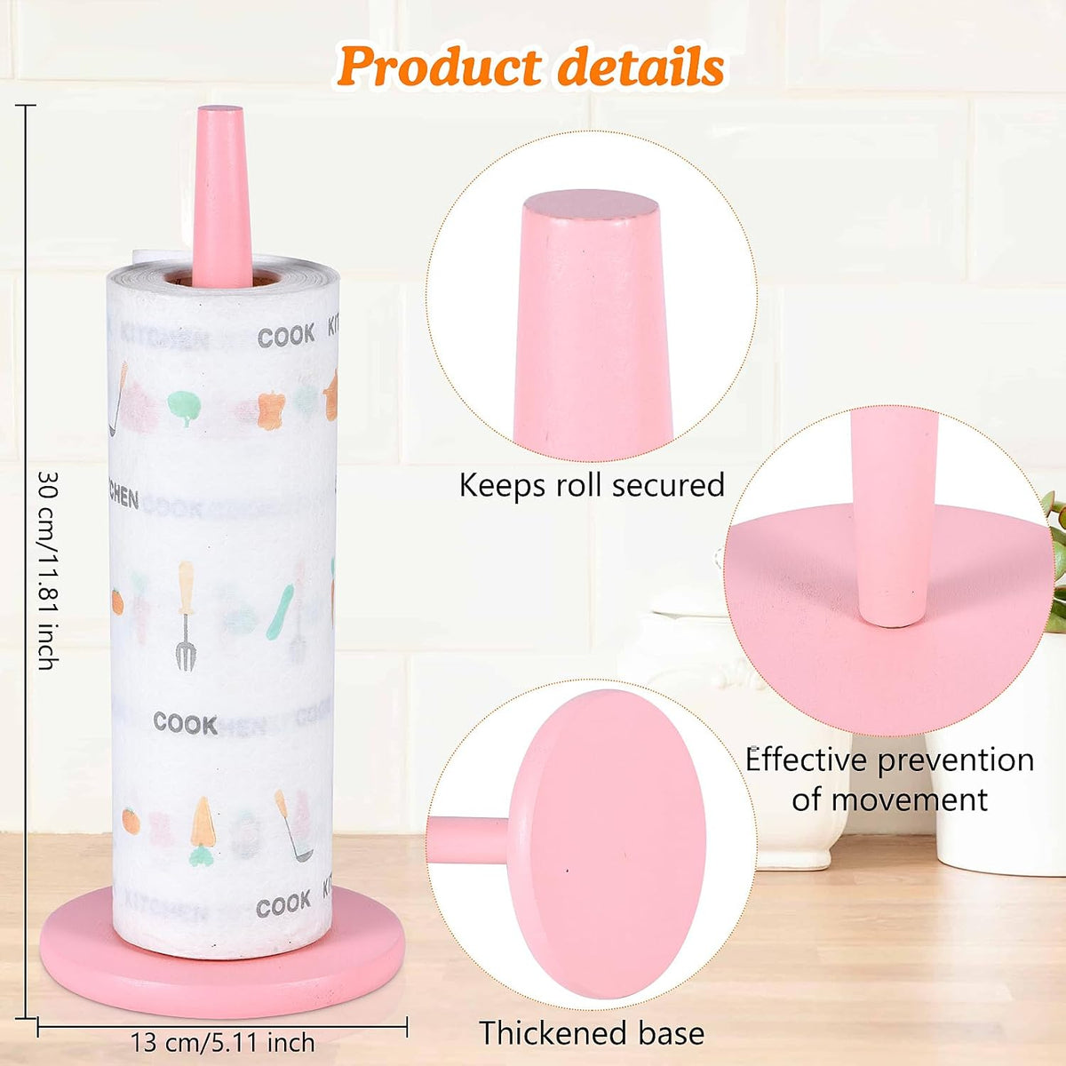 Pink Paper Towel Holder Countertop with 2 Hooks, 11" X 5.1"