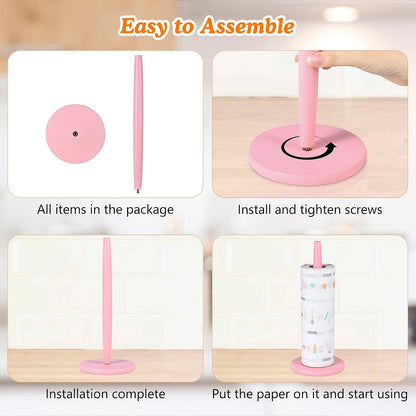 Pink Paper Towel Holder Countertop with 2 Hooks, 11" X 5.1"
