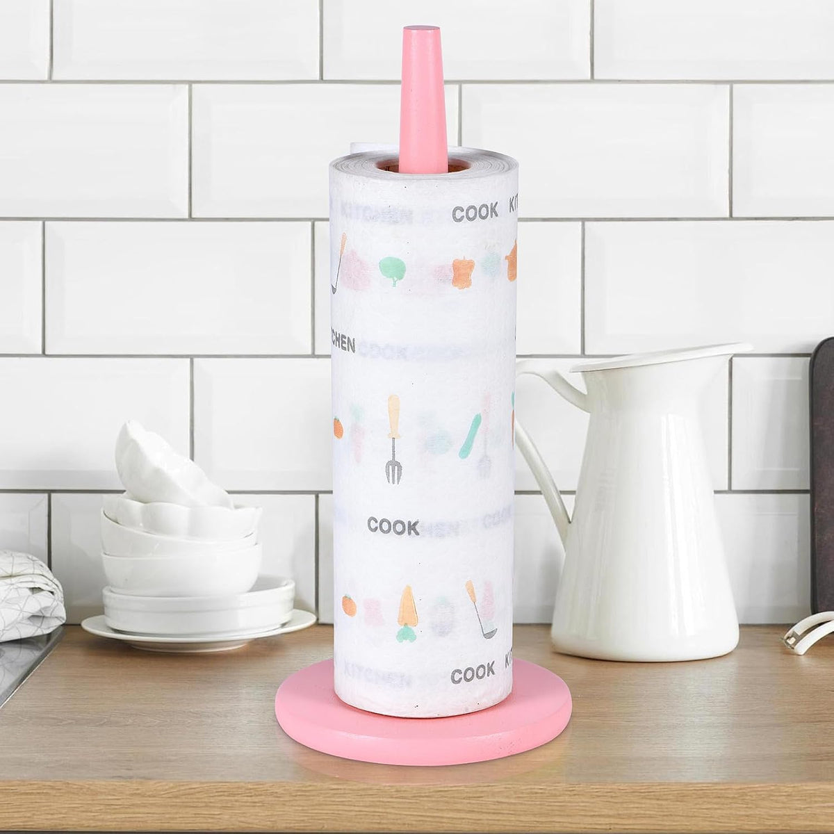 Pink Paper Towel Holder Countertop with 2 Hooks, 11" X 5.1"