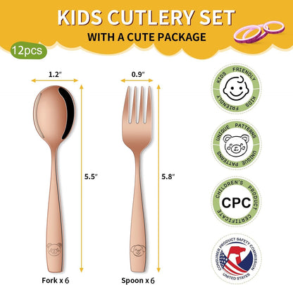 DEHOV Rose Gold Toddler Eating Utensils Set,Set Of 12 Food Grade Stainless Steel Silverware Sets For Kids,Dishwasher Safe Children Small Metal Spoons And Forks Flatware Sets