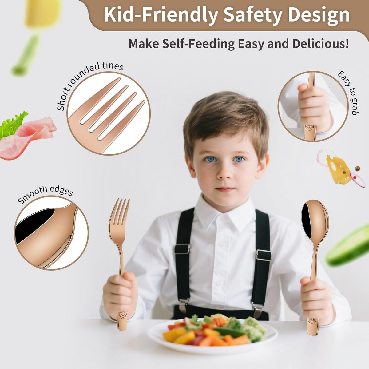 DEHOV Rose Gold Toddler Eating Utensils Set,Set Of 12 Food Grade Stainless Steel Silverware Sets For Kids,Dishwasher Safe Children Small Metal Spoons And Forks Flatware Sets