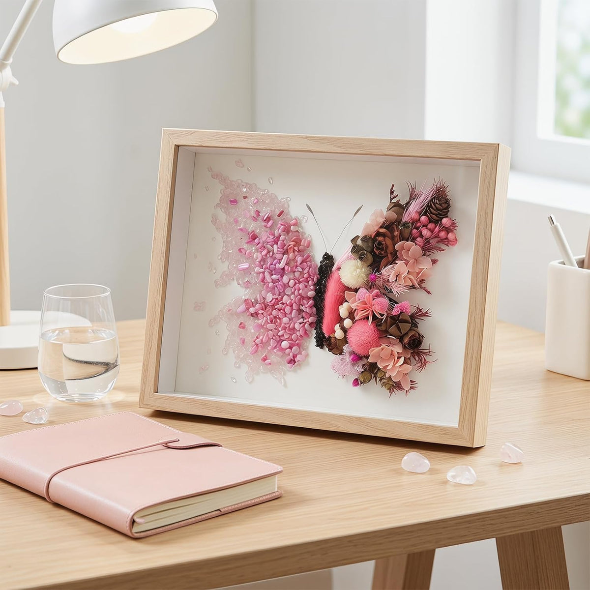 Crystal Wooden Frame Art Multi Purpose Elegant Butterfly Wall Decor with Tools Versatile Handmade Craft for Family Bonding&Group Party (Pink)