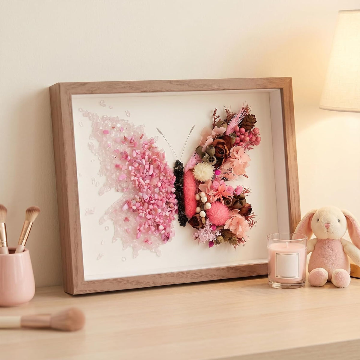 Crystal Wooden Frame Art Multi Purpose Elegant Butterfly Wall Decor with Tools Versatile Handmade Craft for Family Bonding&Group Party (Pink)