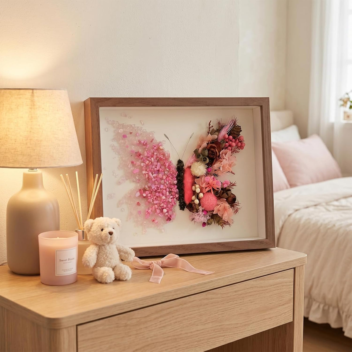 Crystal Wooden Frame Art Multi Purpose Elegant Butterfly Wall Decor with Tools Versatile Handmade Craft for Family Bonding&Group Party (Pink)