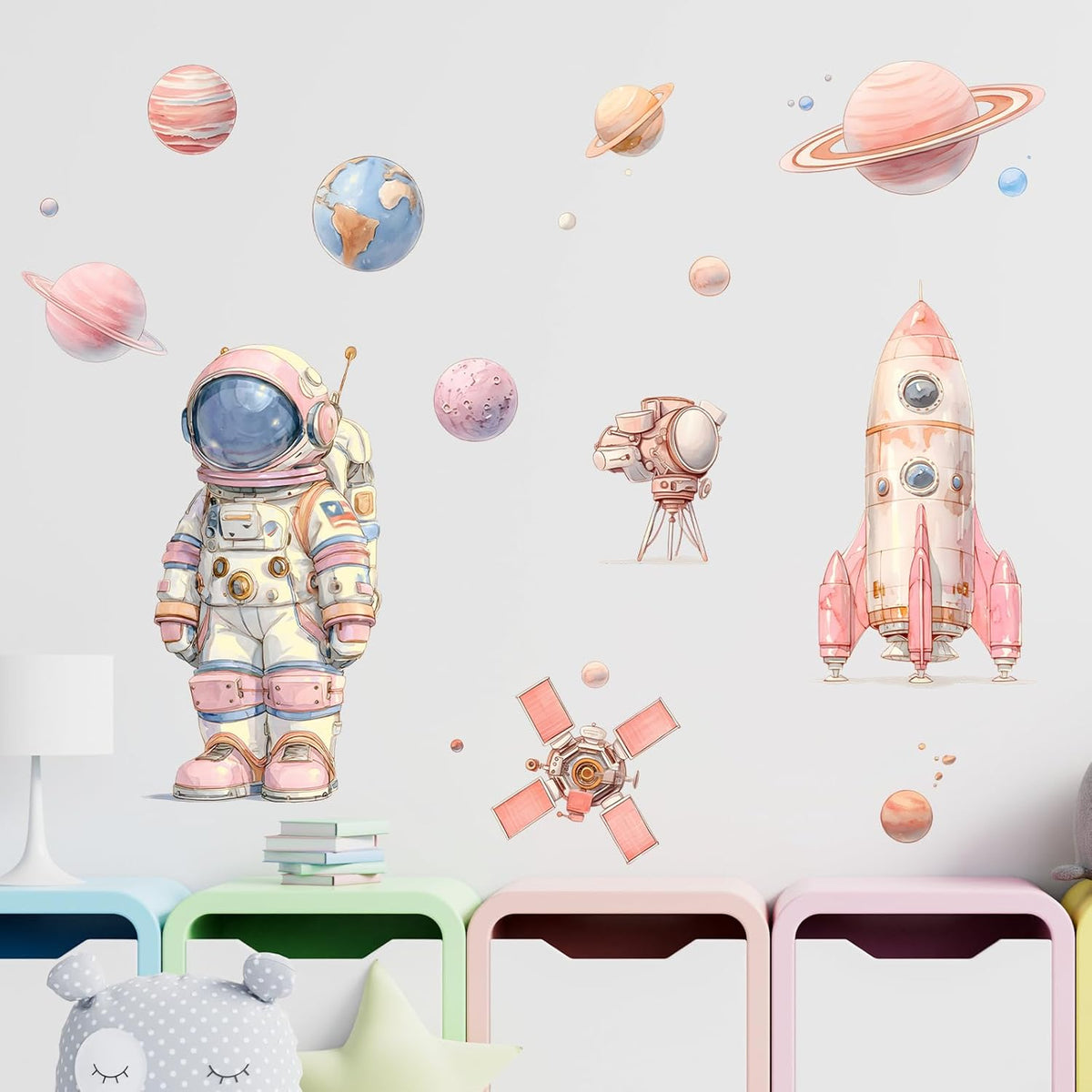 Pink Space Astronaut Wall Decal Cartoon Wall Sticker