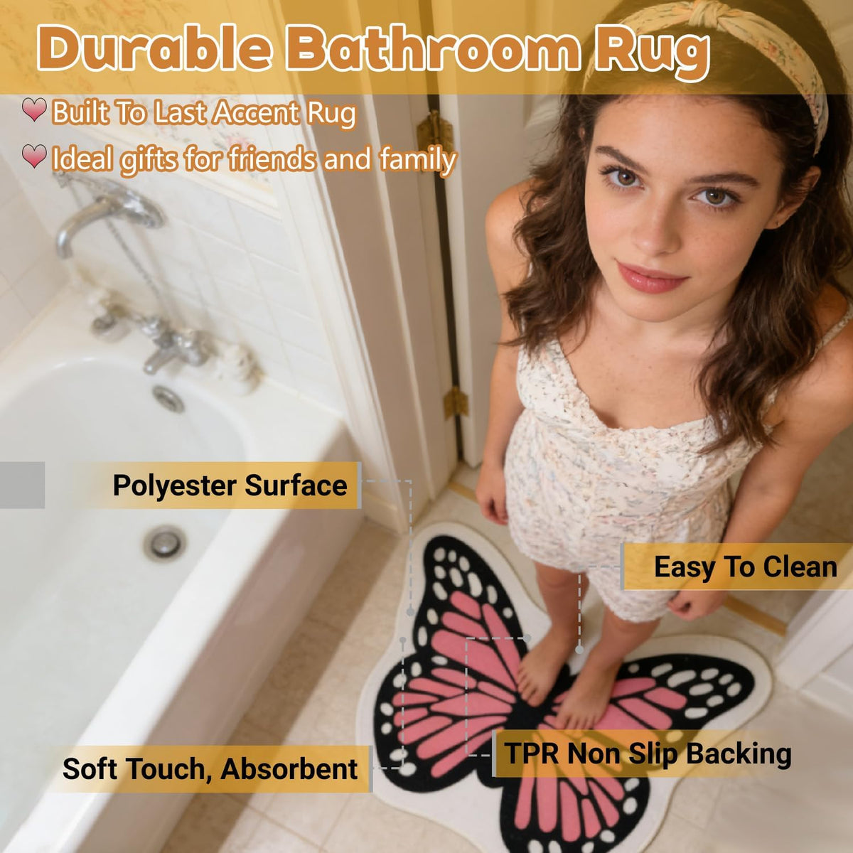 Pink Butterfly Bathroom Rug Butterfly Shaped Bath Mat Doormat, 27" x 23"