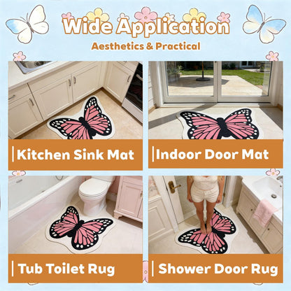 Pink Butterfly Bathroom Rug Butterfly Shaped Bath Mat Doormat, 27" x 23"