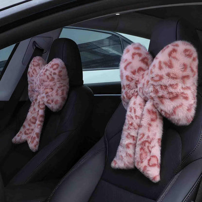 2 Pcs Leopard Car Neck Pillow Bow, Plush Pink