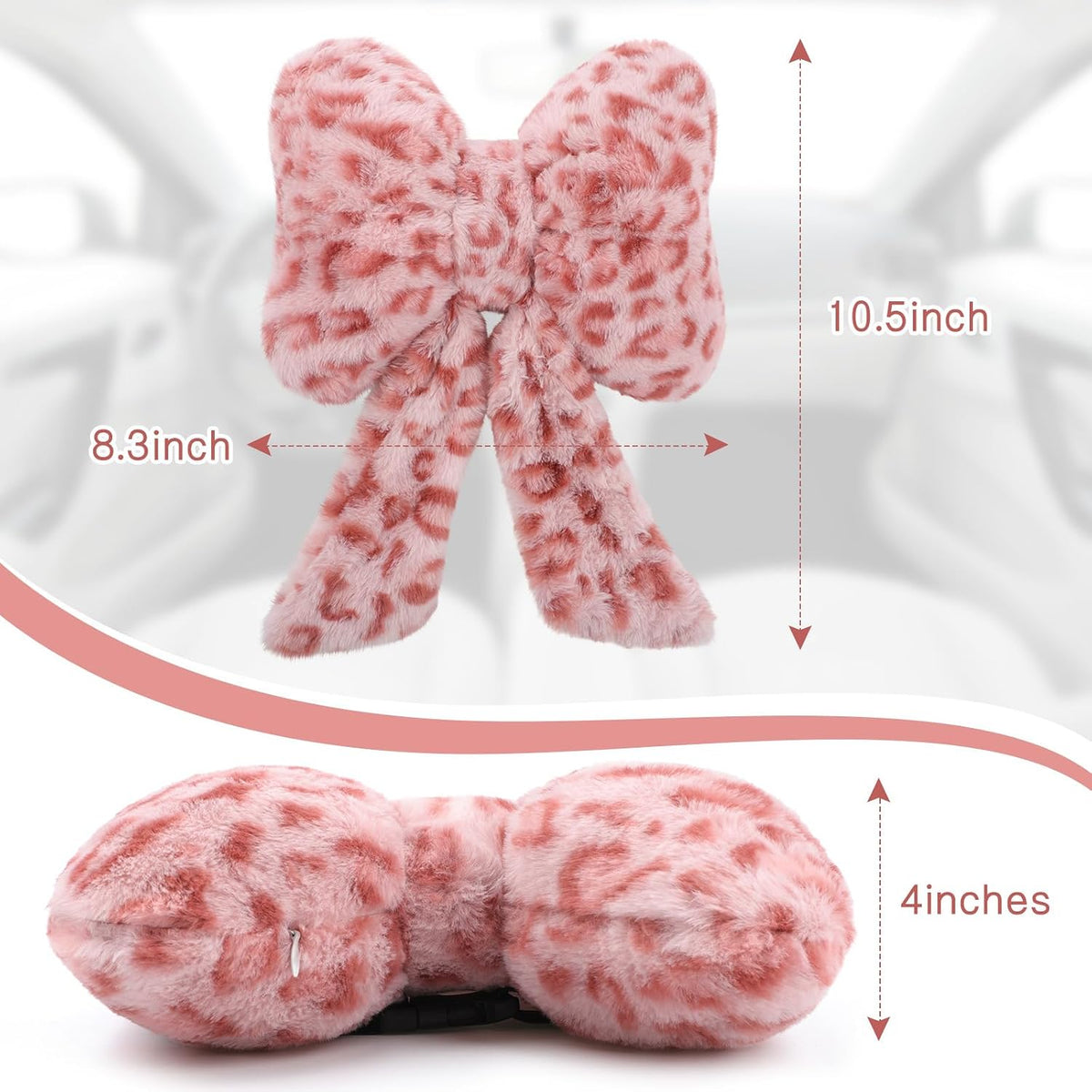 2 Pcs Leopard Car Neck Pillow Bow, Plush Pink
