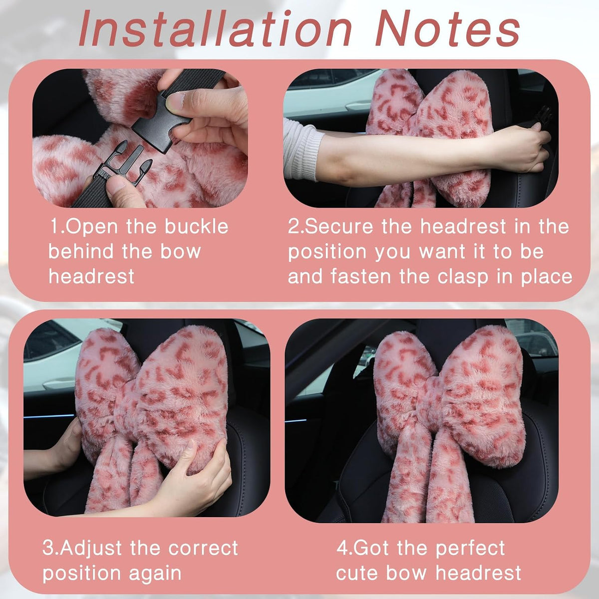 2 Pcs Leopard Car Neck Pillow Bow, Plush Pink
