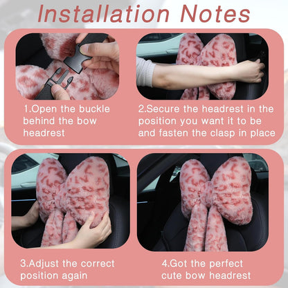 2 Pcs Leopard Car Neck Pillow Bow, Plush Pink