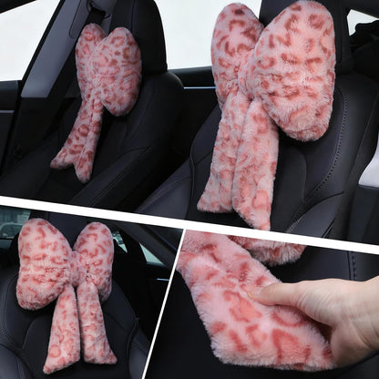 2 Pcs Leopard Car Neck Pillow Bow, Plush Pink