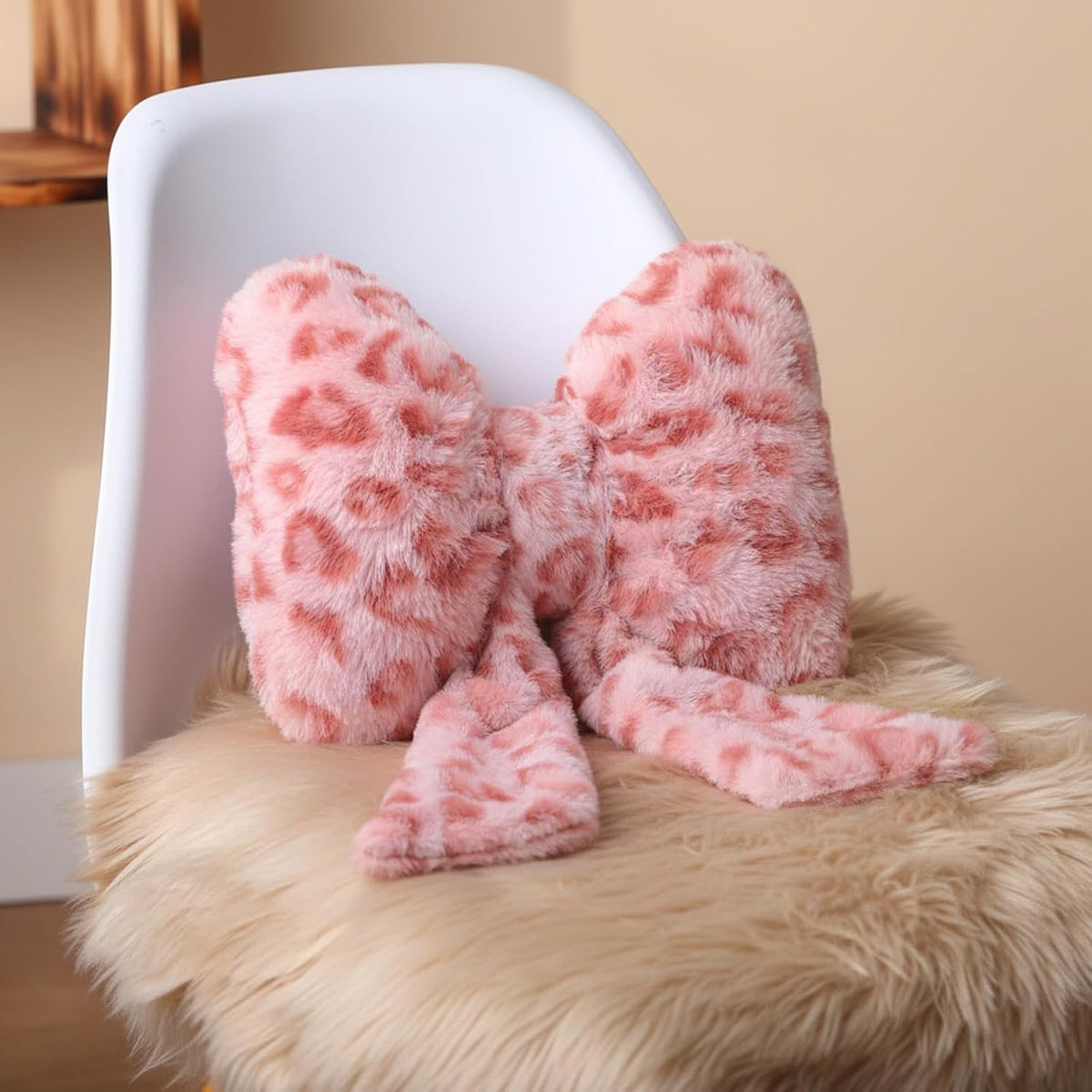 2 Pcs Leopard Car Neck Pillow Bow, Plush Pink