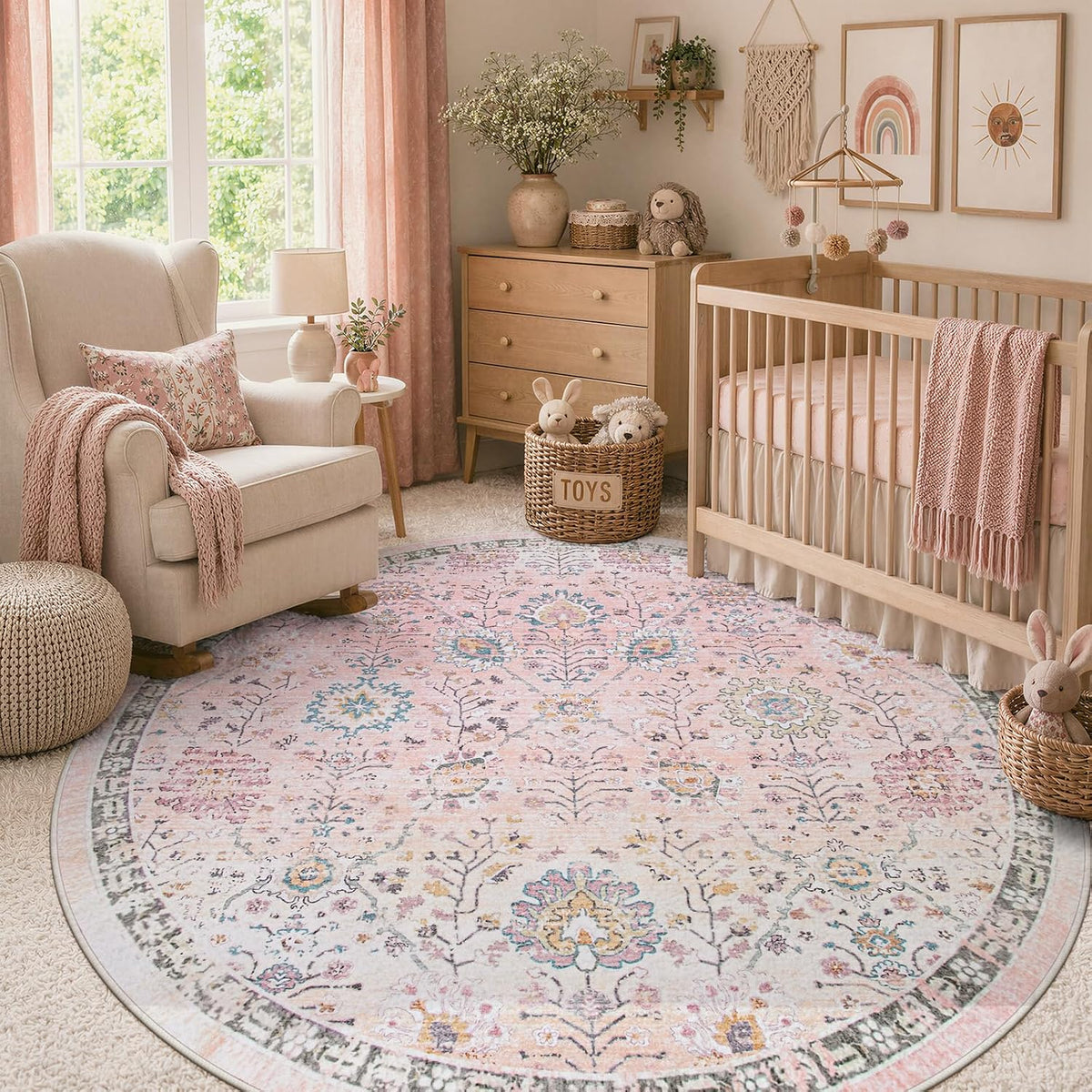 Girls Bedroom Pink Round Rug 6ft, Soft Washable Floral Circle Rug