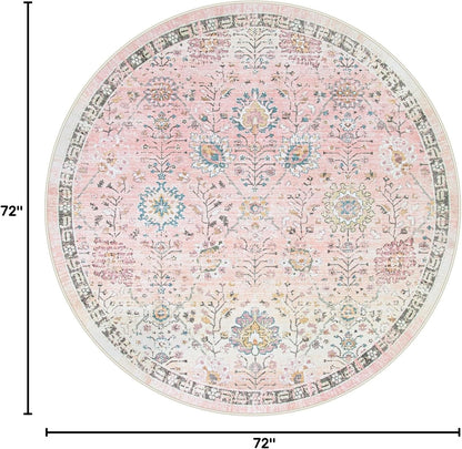 Girls Bedroom Pink Round Rug 6ft, Soft Washable Floral Circle Rug