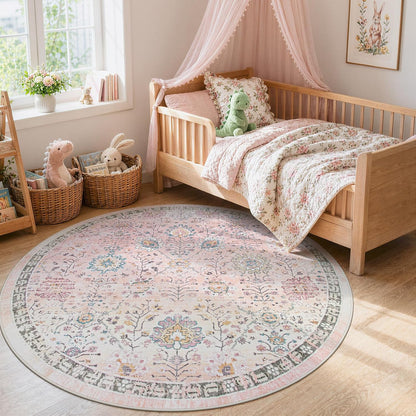 Girls Bedroom Pink Round Rug 6ft, Soft Washable Floral Circle Rug