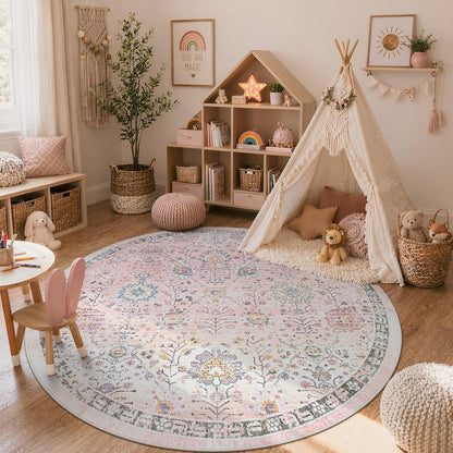 Girls Bedroom Pink Round Rug 6ft, Soft Washable Floral Circle Rug