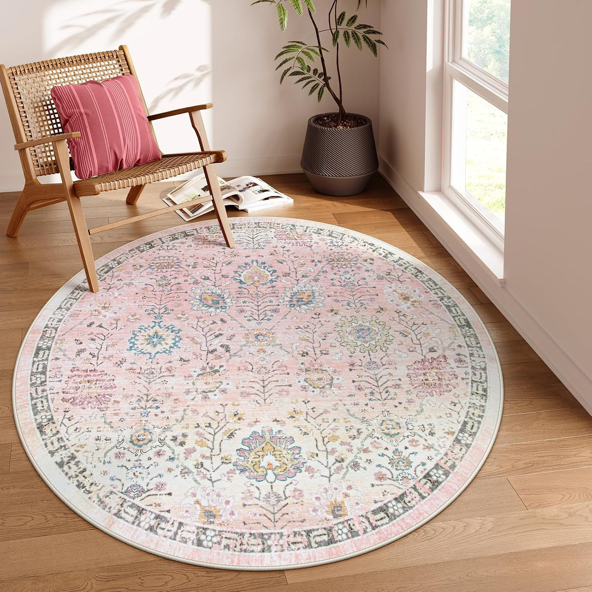 Girls Bedroom Pink Round Rug 6ft, Soft Washable Floral Circle Rug