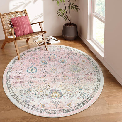 Girls Bedroom Pink Round Rug 6ft, Soft Washable Floral Circle Rug