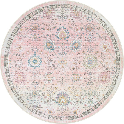 Girls Bedroom Pink Round Rug 6ft, Soft Washable Floral Circle Rug