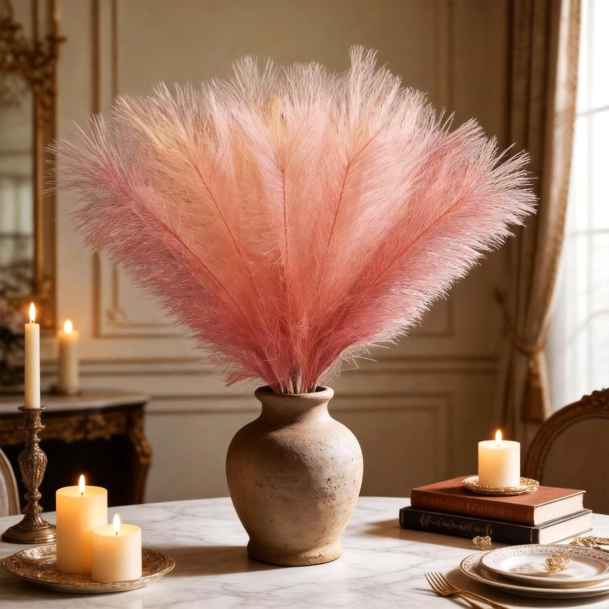50pcs Pink Pampas Grass 21.6 Inch Non-Shedding Faux Pampas in Light Pink,Pink,Beige,Khaki & Beige Yellow for Boho Wedding, Vase Arrangements, Tall Floor Vase & Neutral Home Decor