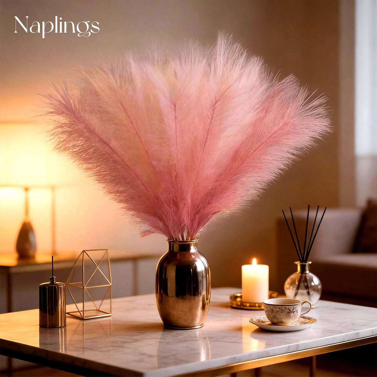 50pcs Pink Pampas Grass 21.6 Inch Non-Shedding Faux Pampas in Light Pink,Pink,Beige,Khaki & Beige Yellow for Boho Wedding, Vase Arrangements, Tall Floor Vase & Neutral Home Decor