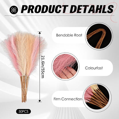 50pcs Pink Pampas Grass 21.6 Inch Non-Shedding Faux Pampas in Light Pink,Pink,Beige,Khaki & Beige Yellow for Boho Wedding, Vase Arrangements, Tall Floor Vase & Neutral Home Decor