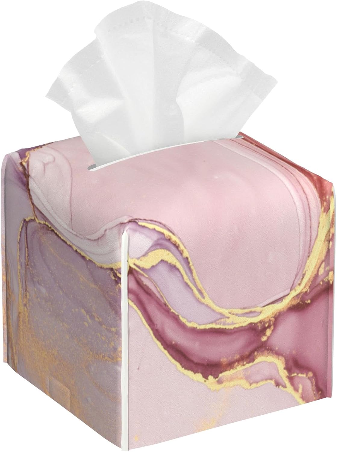 Pink Marble Tissue Box Holder,Cube Tissue Box Cover Holder,Leather Facial Paper Organizer Dispenser Home for Bedroom Night Stands,Kitchen,Office and Car,5.2"×5.2"×5.2"