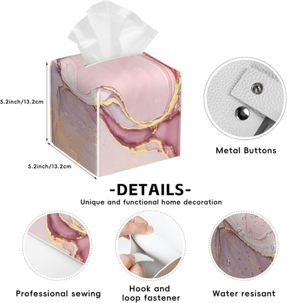 Pink Marble Tissue Box Holder,Cube Tissue Box Cover Holder,Leather Facial Paper Organizer Dispenser Home for Bedroom Night Stands,Kitchen,Office and Car,5.2"×5.2"×5.2"