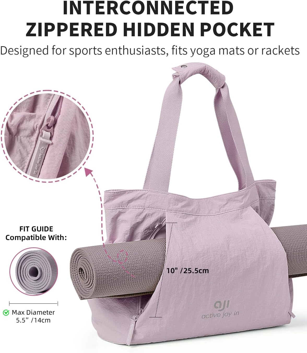 Gym Tote Bag for Women, Lightweight Yoga Mat Bag with Wet Dry Storage Pocket & Multi Pockets