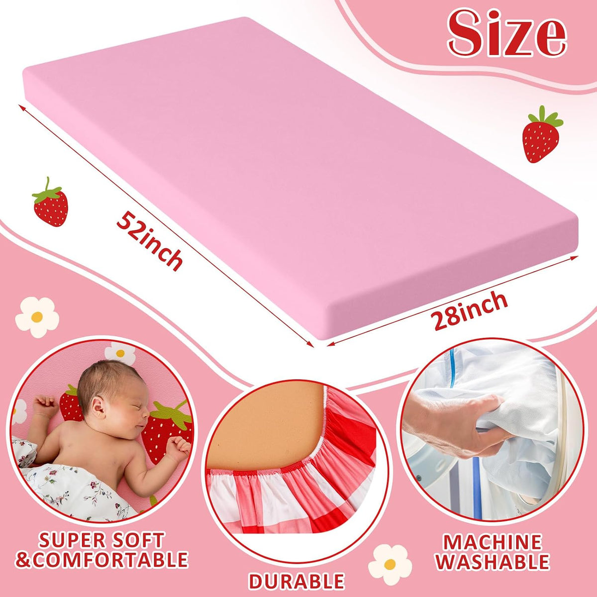 4 Pack Fitted Crib Sheets for Girls, Strawberry Pink Floral