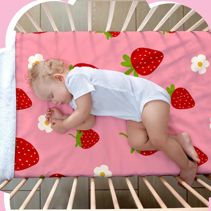 4 Pack Fitted Crib Sheets for Girls, Strawberry Pink Floral