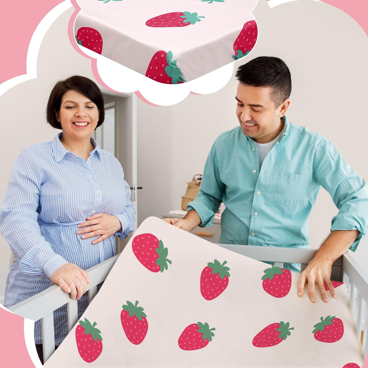 4 Pack Fitted Crib Sheets for Girls, Strawberry Pink Floral