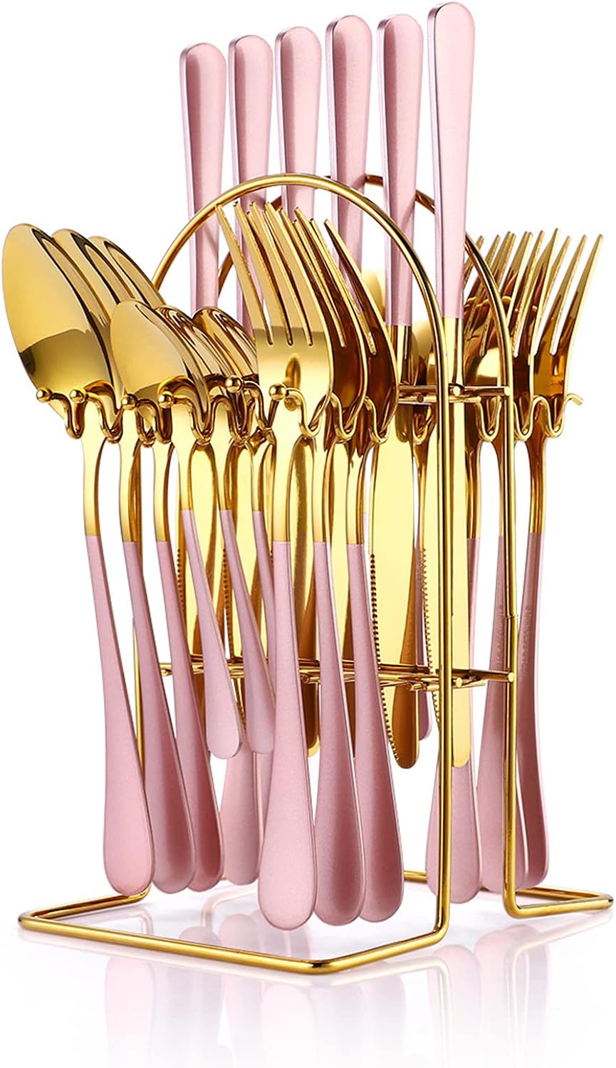 24 Pieces Flatware Set, Caliamary Stainless Steel Flatware Set with Silverware Holder Spoons Forks Knives,Utensils Set Service for 6,Gold Mirror Polished and Matte Pink Painted (Pink)…
