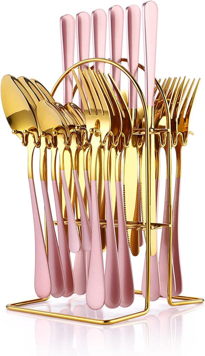 24 Pieces Flatware Set, Caliamary Stainless Steel Flatware Set with Silverware Holder Spoons Forks Knives,Utensils Set Service for 6,Gold Mirror Polished and Matte Pink Painted (Pink)…