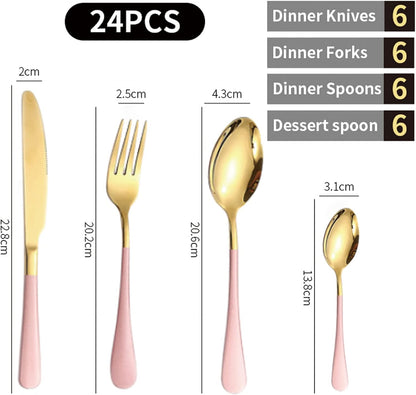 24 Pieces Flatware Set, Caliamary Stainless Steel Flatware Set with Silverware Holder Spoons Forks Knives,Utensils Set Service for 6,Gold Mirror Polished and Matte Pink Painted (Pink)…