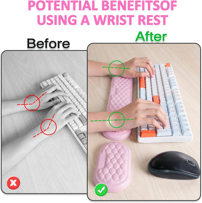 Wrist Rest for Keyboard and Mouse, Ergonomic Memory Foam Keyboard Set with Non-Slip Base, Soft Arm Cushion & Palm Support for Office, Home, Gaming & Laptop Typing, Reduces Fatigue & Strain, Pink