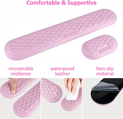 Wrist Rest for Keyboard and Mouse, Ergonomic Memory Foam Keyboard Set with Non-Slip Base, Soft Arm Cushion & Palm Support for Office, Home, Gaming & Laptop Typing, Reduces Fatigue & Strain, Pink