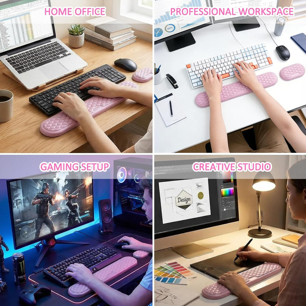 Wrist Rest for Keyboard and Mouse, Ergonomic Memory Foam Keyboard Set with Non-Slip Base, Soft Arm Cushion & Palm Support for Office, Home, Gaming & Laptop Typing, Reduces Fatigue & Strain, Pink