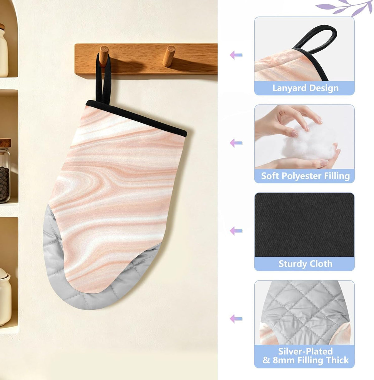 Oven Mitts Heat Resistant Kitchen Gloves, Light Pink Marble Classic Oven Gloves with Hanging Loop for Baking BBQ Cooking Grilling, 1 Pair, 9.5 in
