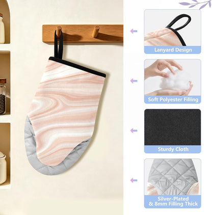 Oven Mitts Heat Resistant Kitchen Gloves, Light Pink Marble Classic Oven Gloves with Hanging Loop for Baking BBQ Cooking Grilling, 1 Pair, 9.5 in