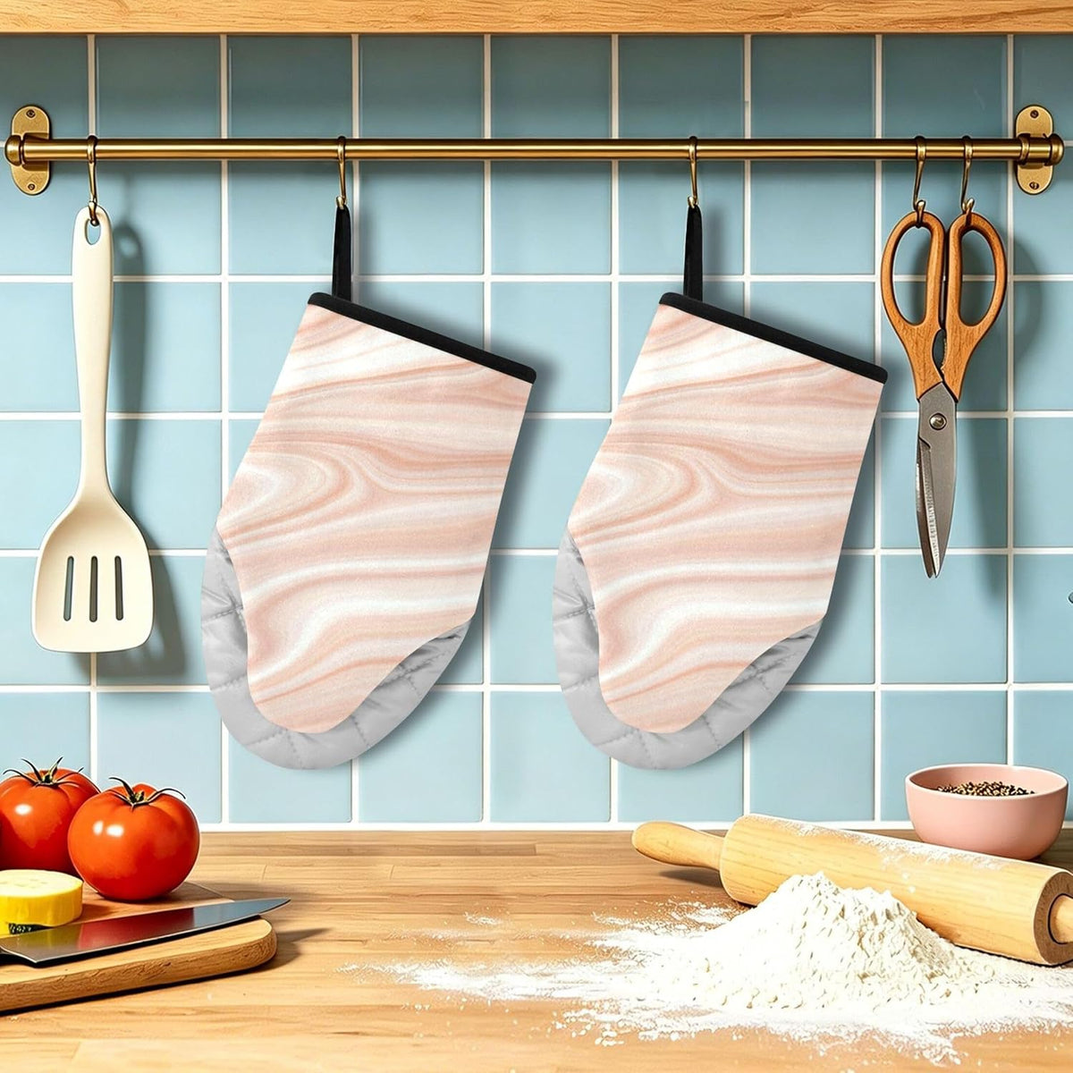 Oven Mitts Heat Resistant Kitchen Gloves, Light Pink Marble Classic Oven Gloves with Hanging Loop for Baking BBQ Cooking Grilling, 1 Pair, 9.5 in