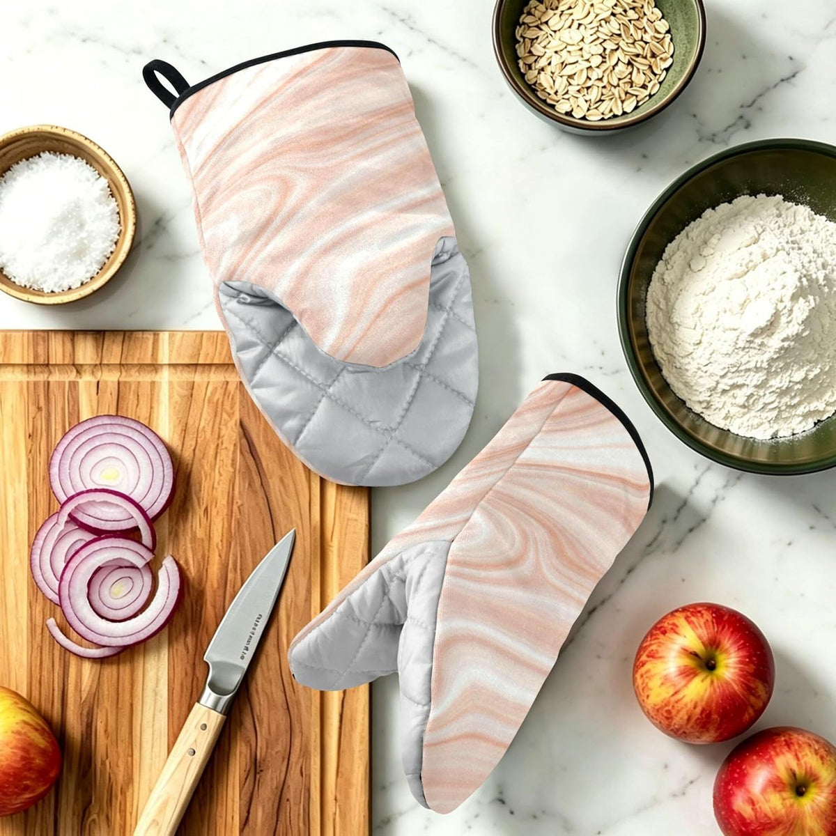 Oven Mitts Heat Resistant Kitchen Gloves, Light Pink Marble Classic Oven Gloves with Hanging Loop for Baking BBQ Cooking Grilling, 1 Pair, 9.5 in