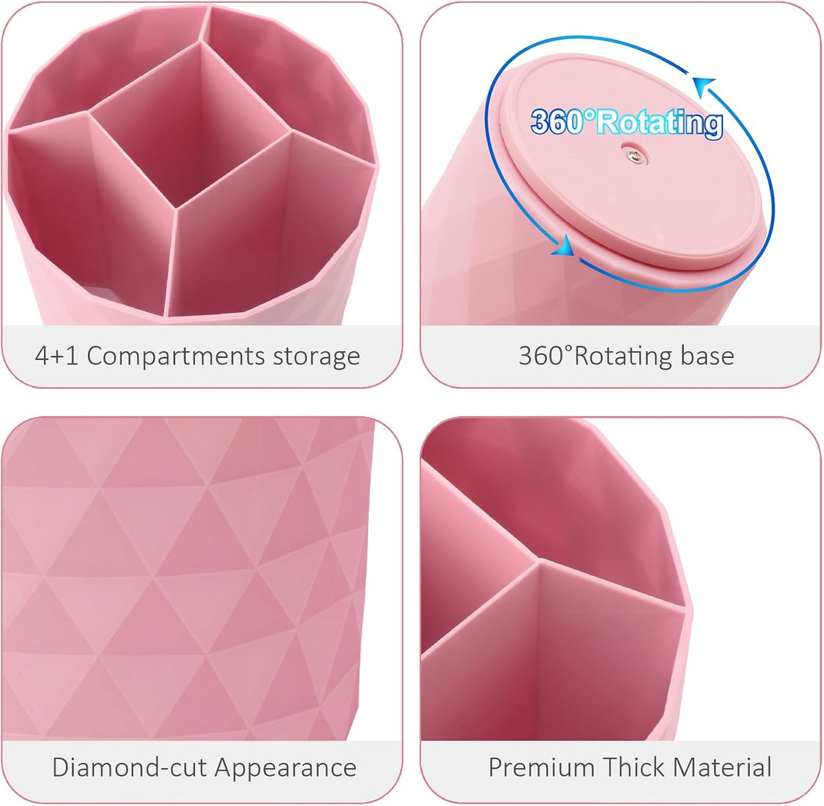 Desk Organizer, 360-Degree Rotating Pencil Pen Holders For Desk, Diamond Pattern Pen Organizer With 5 Compartments, Cute Desk Accessories Decor For Office, School,Home,Art Supply (Pink)