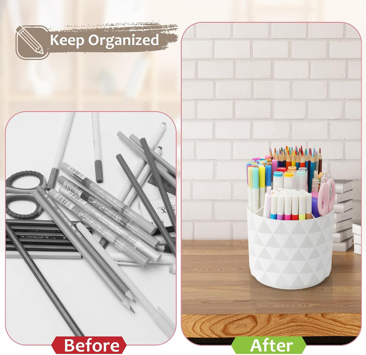 Desk Organizer, 360-Degree Rotating Pencil Pen Holders For Desk, Diamond Pattern Pen Organizer With 5 Compartments, Cute Desk Accessories Decor For Office, School,Home,Art Supply (Pink)