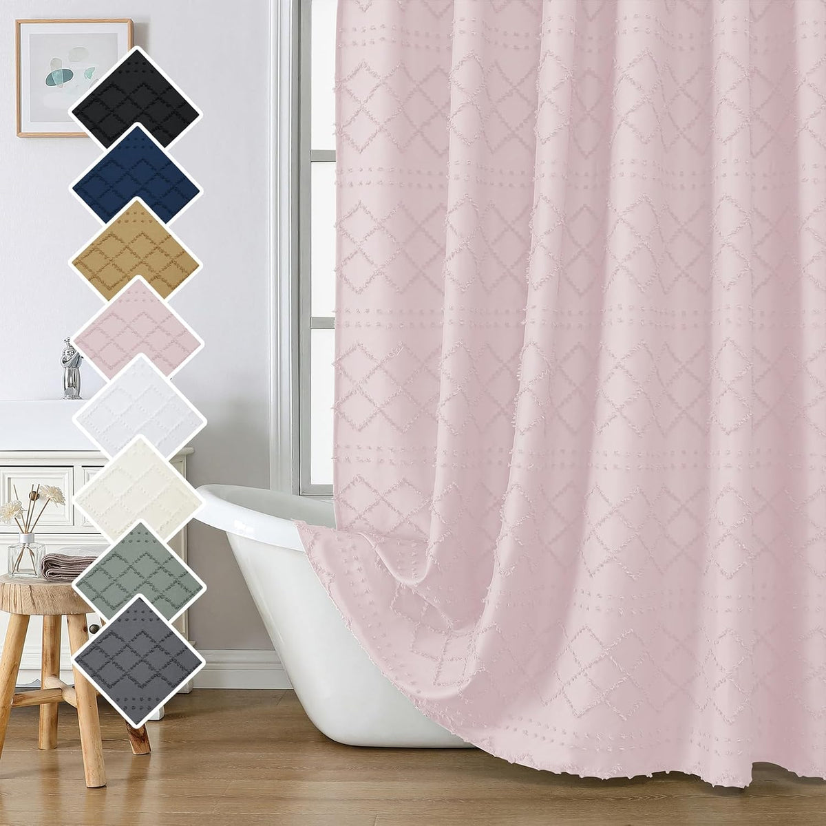 Blush Pink Stall Boho Shower Curtain, Modern Tufted Plaid Striped Narrow Half Size Fabric Shower Curtain, Farmhouse Clip Jacquard Textured Shower Curtains for Bathroom, 36" Wx72 L